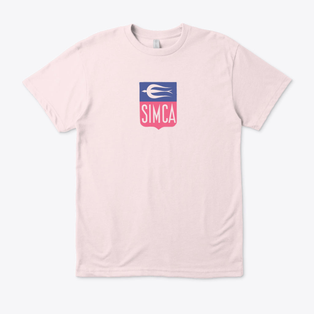 Pink t-shirt with a Simca logo on a white background
