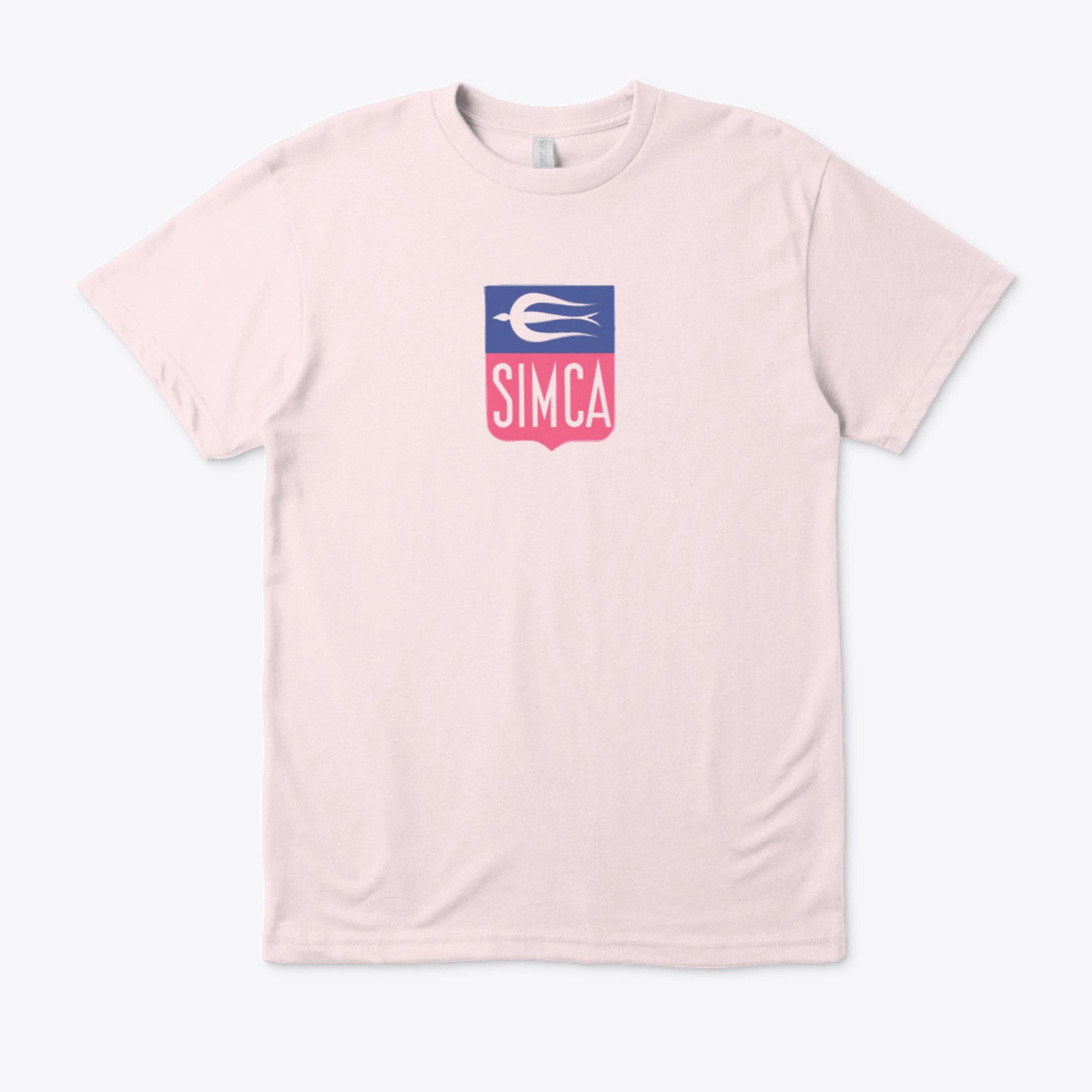 Pink t-shirt with a Simca logo on a white background