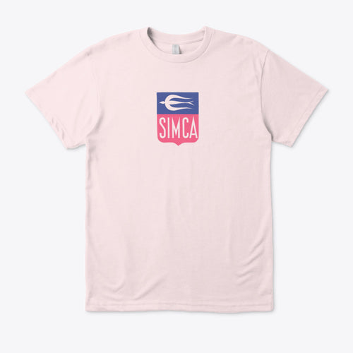 Pink t-shirt with a Simca logo on a white background