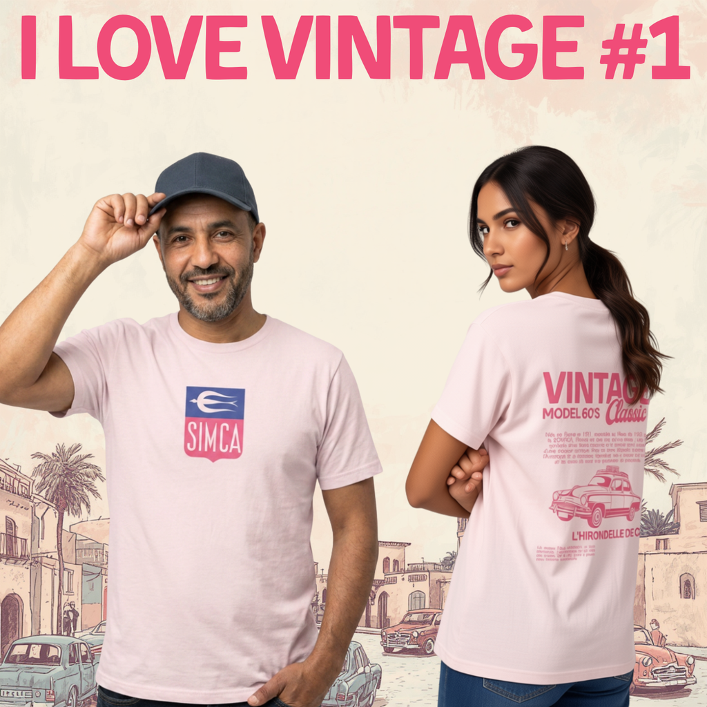 Two people wearing t-shirts with vintage designs and text, set against a pastel-colored background
Light pink t-shirt front SIMCA logo, back vintage car illustration L’Hirondelle de Casa text, ShowYourLove collection, Moroccan nostalgia design, retro automotive streetwear..
“Love vintage, love memories.”

“ShowYourLove, show your roots.”

“L’Hirondelle de Casa — timeless elegance.”

“Where nostalgia meets style.”