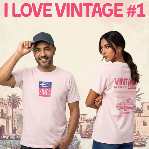 Two people wearing t-shirts with vintage designs and text, set against a pastel-colored background
Light pink t-shirt front SIMCA logo, back vintage car illustration L’Hirondelle de Casa text, ShowYourLove collection, Moroccan nostalgia design, retro automotive streetwear..
“Love vintage, love memories.”

“ShowYourLove, show your roots.”

“L’Hirondelle de Casa — timeless elegance.”

“Where nostalgia meets style.”