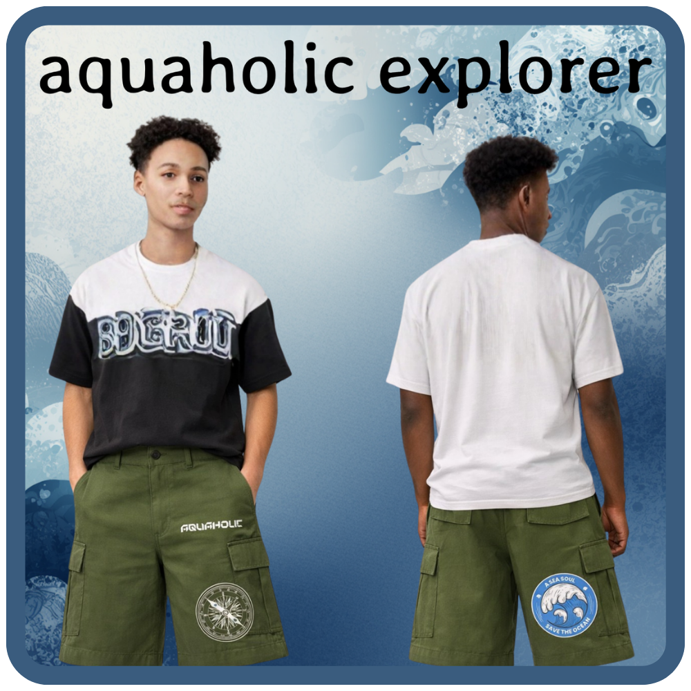 A model shown from the front and back wearing an 'aquaholic explorer' themed outfit. The outfit consists of a black and white color-blocked t-shirt with 'EXPLORER' printed across the chest, and olive green cargo shorts featuring 'AQUAHOLIC' text and circular ocean-themed patches on the front and back pockets.