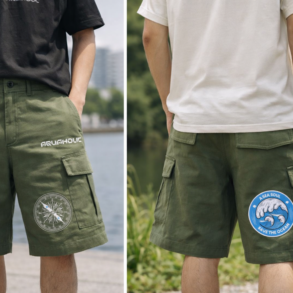 Two pairs of green cargo shorts with brand logos worn by people outdoors.