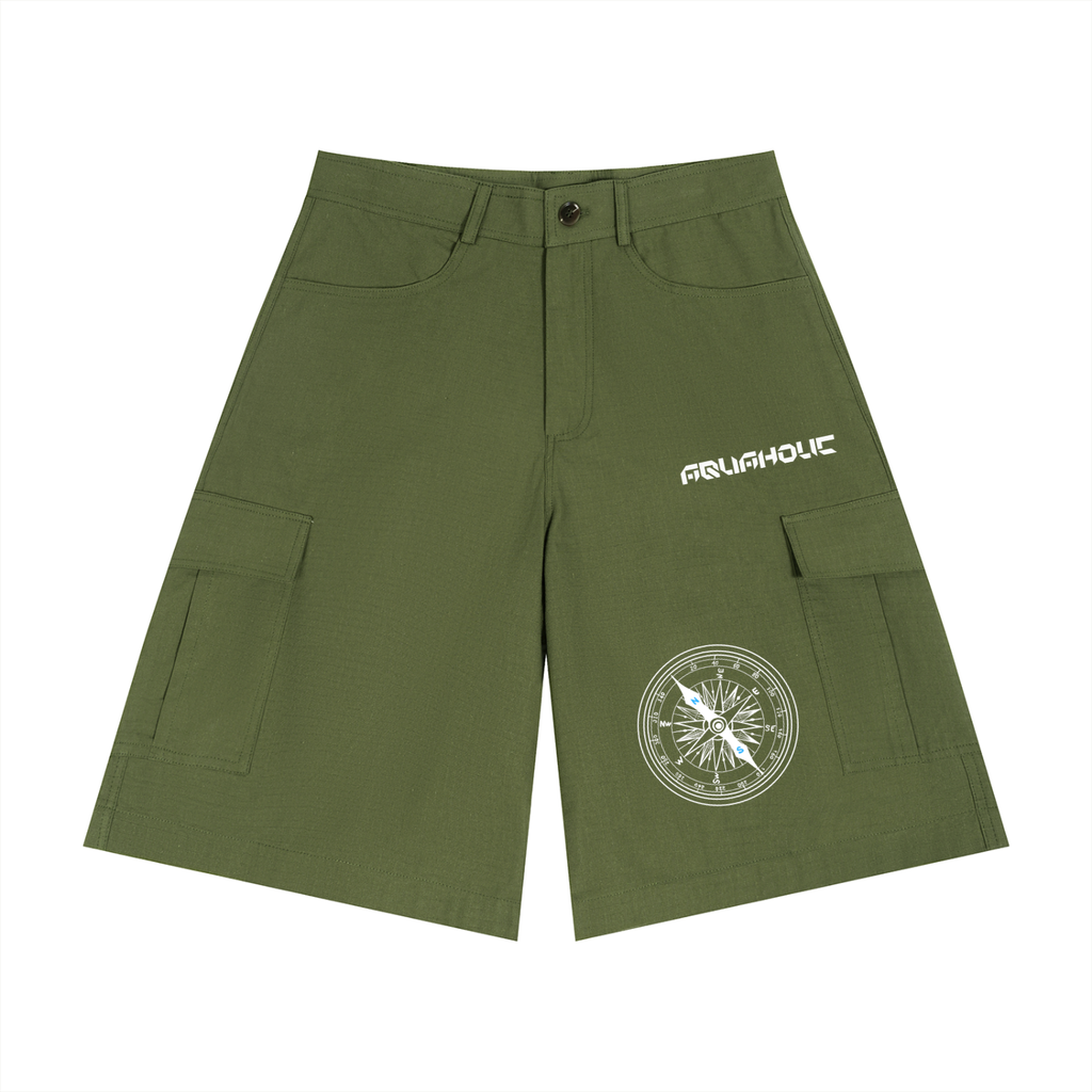 Green shorts with a compass design and brand logo on a white background
Olive green cargo shorts, Aquaholic text white, compass rose graphic nautical design, ShowYourNature collection, eco-friendly streetwear, outdoor adventure fashion, water-inspired apparel.
Unisex Woven Cargo Shorts