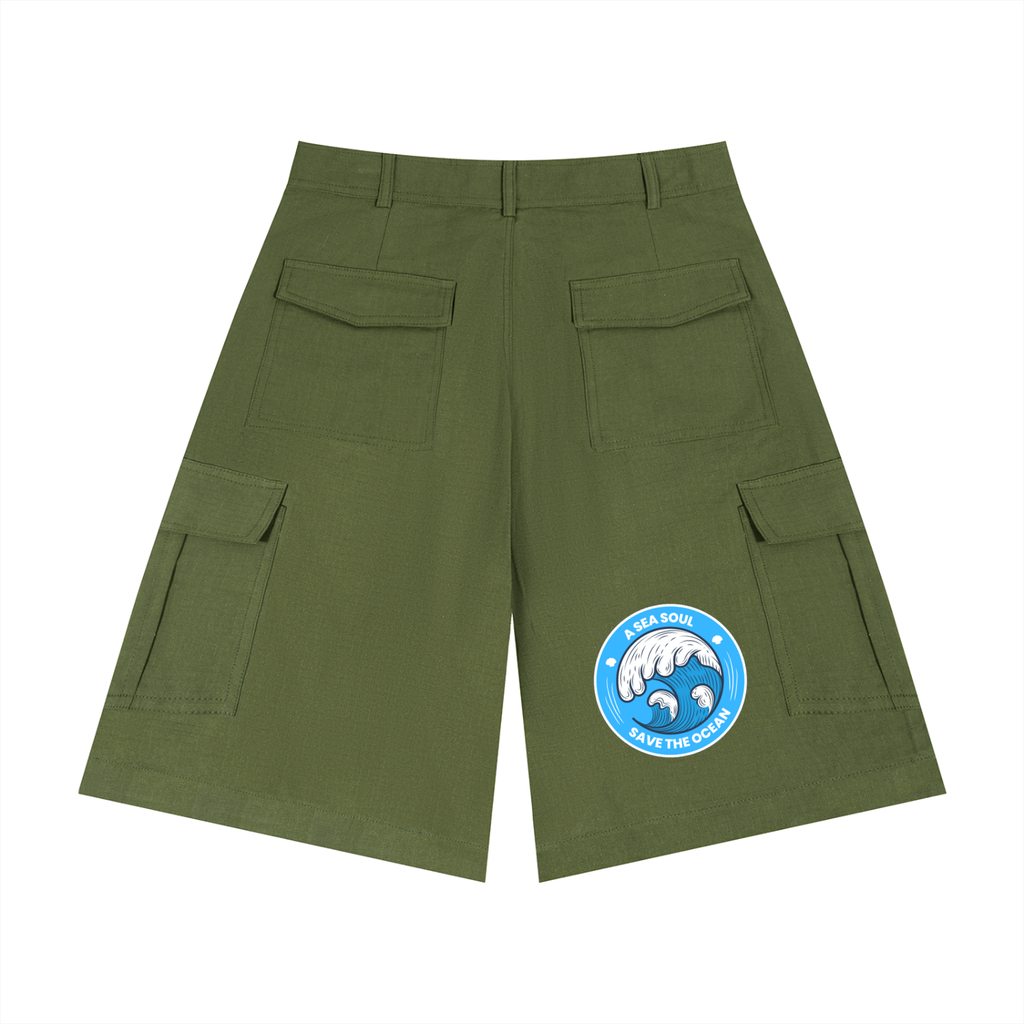 Green cargo shorts with a blue and white logo on a white background
Olive green cargo shorts, Aquaholic text white, compass rose graphic nautical design, ShowYourNature collection, eco-friendly streetwear, outdoor adventure fashion, water-inspired apparel.
Unisex Woven Cargo Shorts