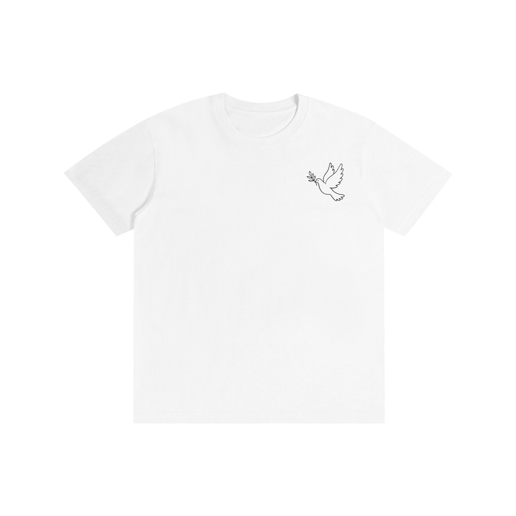 A white short-sleeve crewneck t-shirt featuring a small black line art graphic of a flying dove holding an olive branch on the left chest, displayed on a clean white background. 
قميص أبيض عليه حمامة تحمل غصن الزيتون في الأمام، وخلفية طيور سوداء تحطم سياجًا معدنيًا مع عبارة ابحث على الحرية، تصميم ShowYourWisdom عن السعي نحو الحرية والانعتاق.
"اكسر القفص، وطر."

"ShowYourWisdom، ابحث على الحرية."

"الحرية ليست حلمًا، بل قرارًا."

"من يملك الحرية، يملك الحياة."