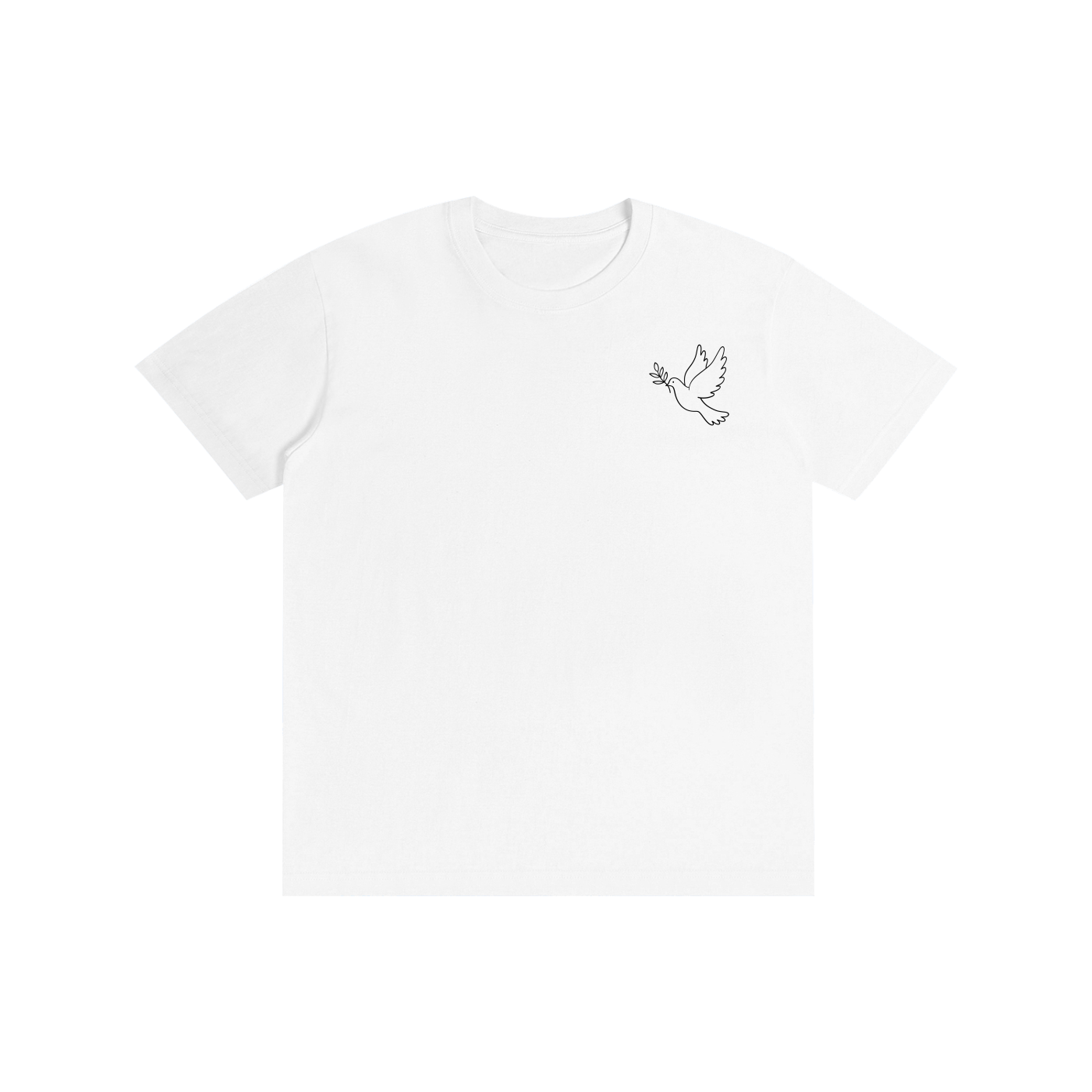 A white short-sleeve crewneck t-shirt featuring a small black line art graphic of a flying dove holding an olive branch on the left chest, displayed on a clean white background. 
قميص أبيض عليه حمامة تحمل غصن الزيتون في الأمام، وخلفية طيور سوداء تحطم سياجًا معدنيًا مع عبارة ابحث على الحرية، تصميم ShowYourWisdom عن السعي نحو الحرية والانعتاق.
"اكسر القفص، وطر."

"ShowYourWisdom، ابحث على الحرية."

"الحرية ليست حلمًا، بل قرارًا."

"من يملك الحرية، يملك الحياة."