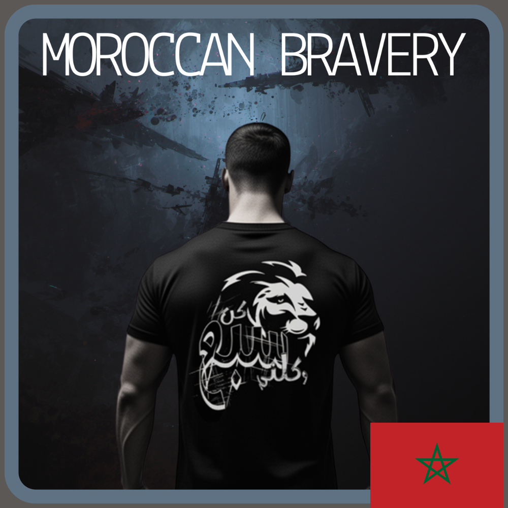 Man wearing a black t-shirt with a white graphic design on the back, set against a dark background with 'Moroccan Bravery' text.
Black tee back white lion Arabic calligraphy Be a lion and devour me text, ShowYourFight collection, Moroccan Bravery design, dark fearless streetwear.
“Born from fire, ruled by courage.”

“ShowYourFight, show your roar.”

“Moroccan Bravery — fear is the prey.”

“In darkness, lions rise.”