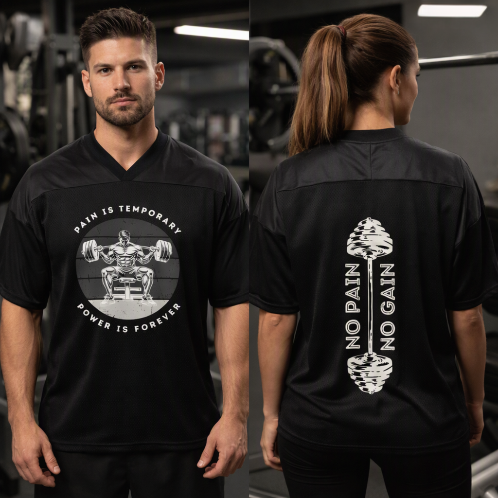 A split view showing a man and a woman modeling a black athletic V-neck shirt in a gym. The front has a circular graphic of a weightlifter with the text 'PAIN IS TEMPORARY' and 'POWER IS FOREVER'.
A black athletic V-neck shirt shown on two models in a gym setting, displaying the front and back designs. The front features a circular graphic of a weightlifter with the text 'PAIN IS TEMPORARY' and 'POWER IS FOREVER'.
