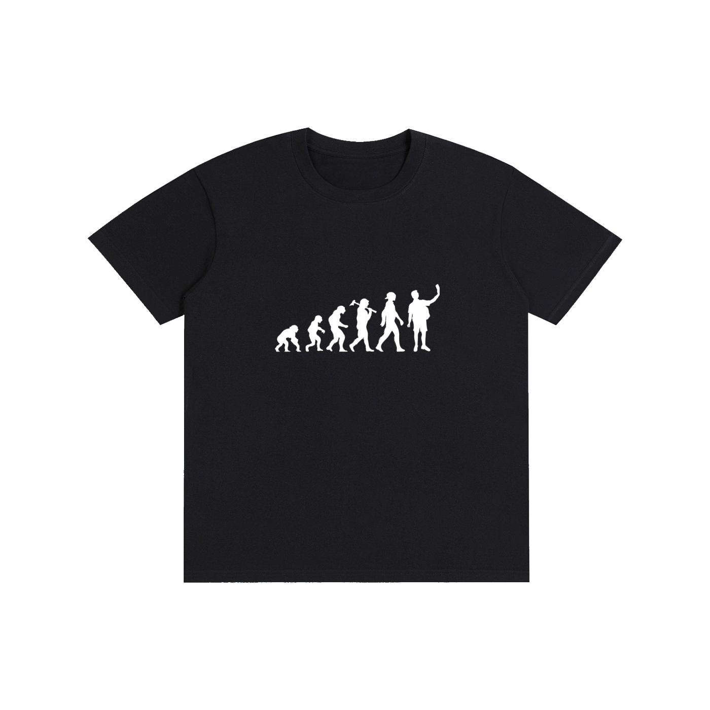Black t-shirt with a white graphic design on a white background
قميص أسود عليه تسلسل تطور الإنسان من القرد إلى شخص يحمل هاتفًا، وخلفية بوجه شمبانزي يرتدي نظارات مع عبارة لقد تطورت، تصميم ساخر من مجموعة ShowYourIdentity.
"لقد تطورنا... لكن انحنينا أكثر!"
"ShowYourIdentity، ارفع رأسك من الشاشة."
"من القرد إلى الإنسان... إلى مستخدم الهاتف!"
"التطور مستمر، لكن الاتجاه خاطئ."
