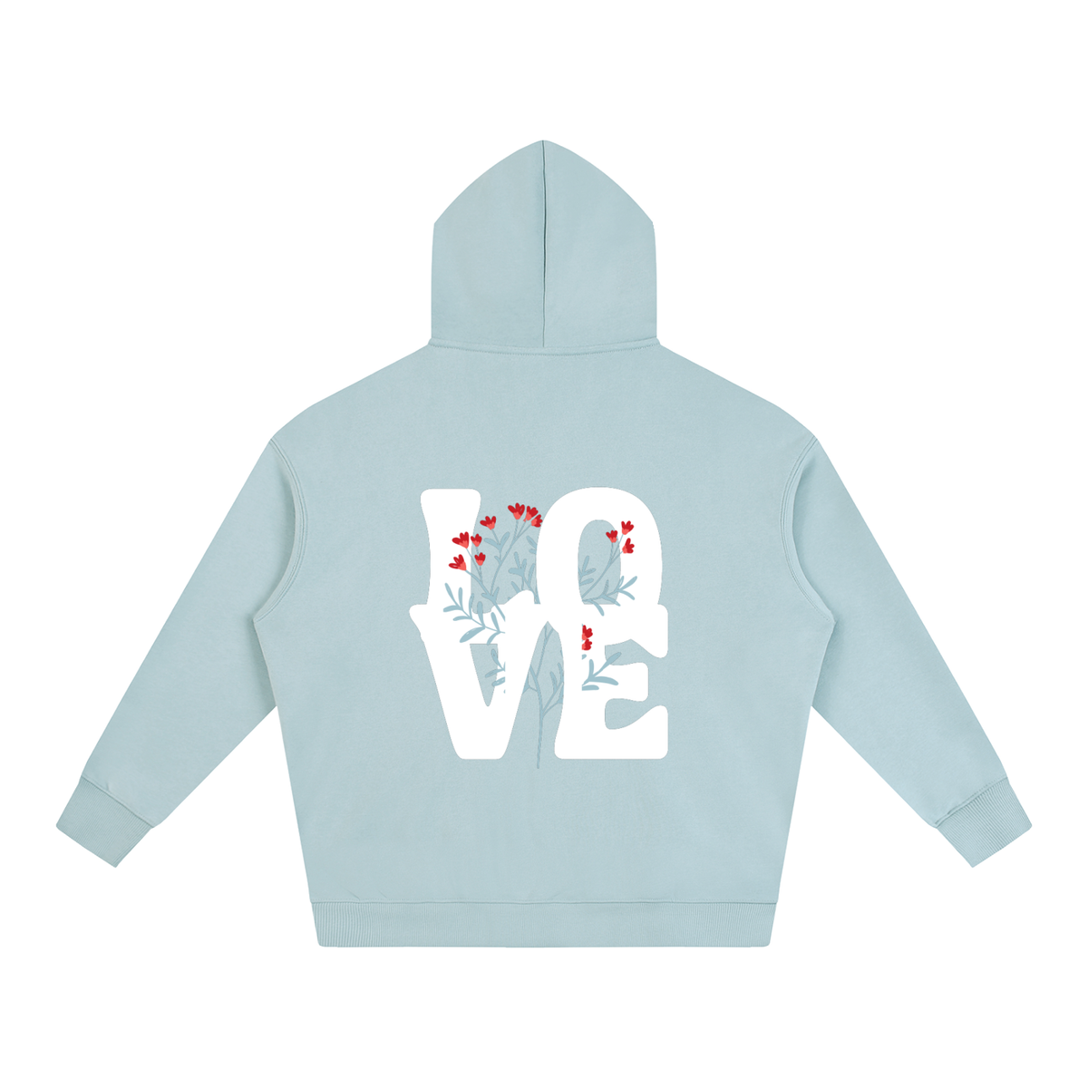 A light blue hooded sweatshirt shown from the back, featuring a large white 'LOVE' graphic with red and blue floral details integrated into the letters.
Light Blue hoodie featuring a large white LOVE graphic intertwined with delicate floral illustrations across the back, representing growing love and meaningful relationships.