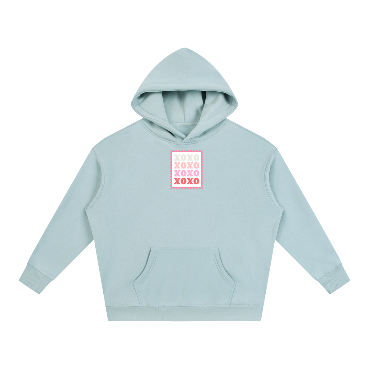 A light blue pullover hoodie with a pink and white 'XOXO' graphic on the chest, displayed flat against a solid white background.
Light Blue hoodie featuring a vintage-inspired XOXO postage stamp graphic centered on the chest, symbolizing affection, love, and heartfelt connection.