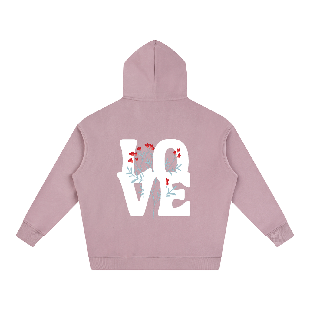 A dusty pink hoodie shown from the back, featuring a large white 'LOVE' graphic with small red and blue floral details.
a rose gold hoodie featuring a large white LOVE graphic intertwined with delicate floral illustrations across the back, representing growing love and meaningful relationships.