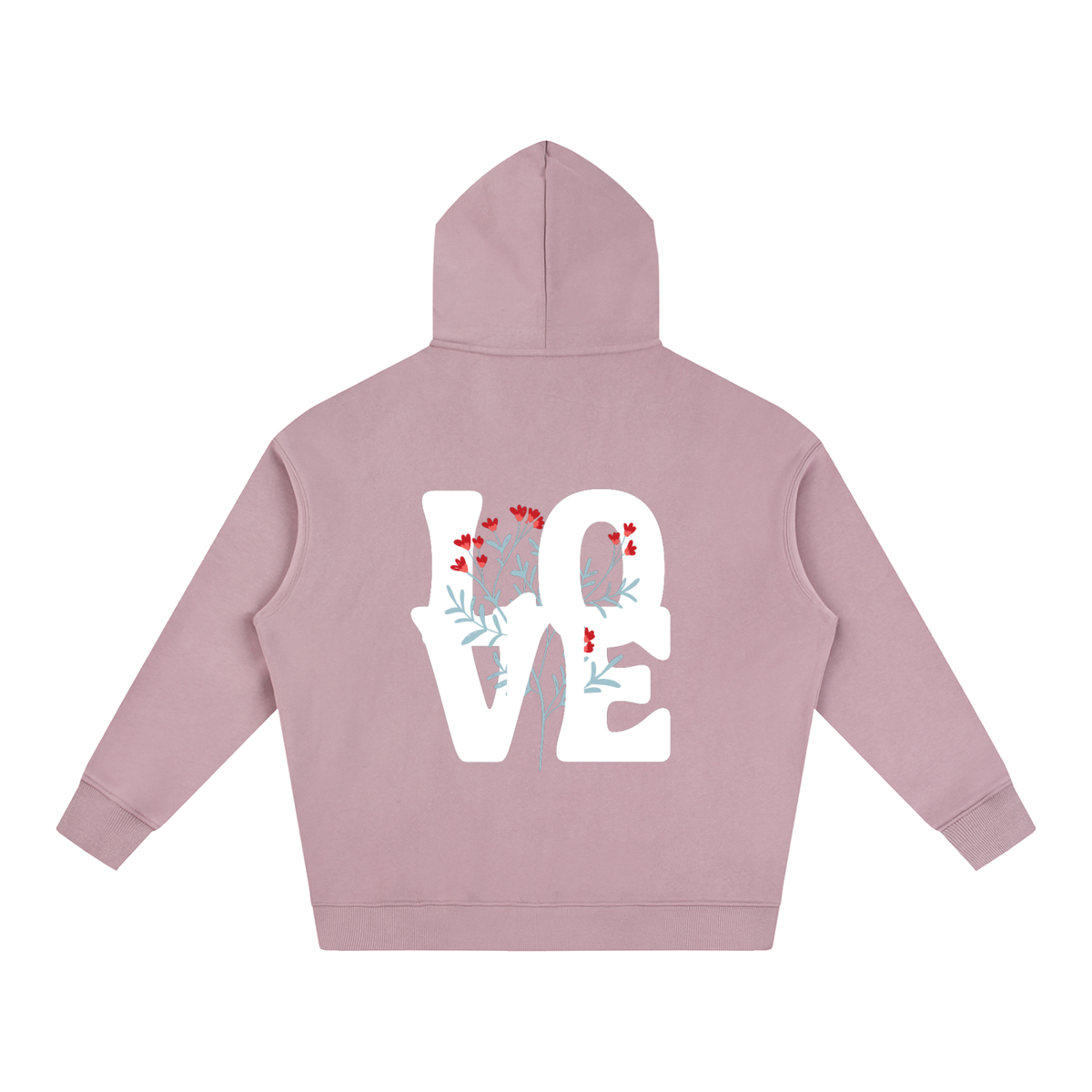 A dusty pink hoodie shown from the back, featuring a large white 'LOVE' graphic with small red and blue floral details.
a rose gold hoodie featuring a large white LOVE graphic intertwined with delicate floral illustrations across the back, representing growing love and meaningful relationships.