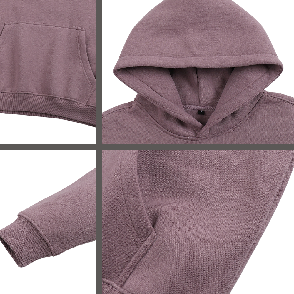A dusty mauve-purple pullover hoodie shown in a four-panel detail collage, highlighting the hood, front pocket, ribbed cuffs, and chest area against a white background.