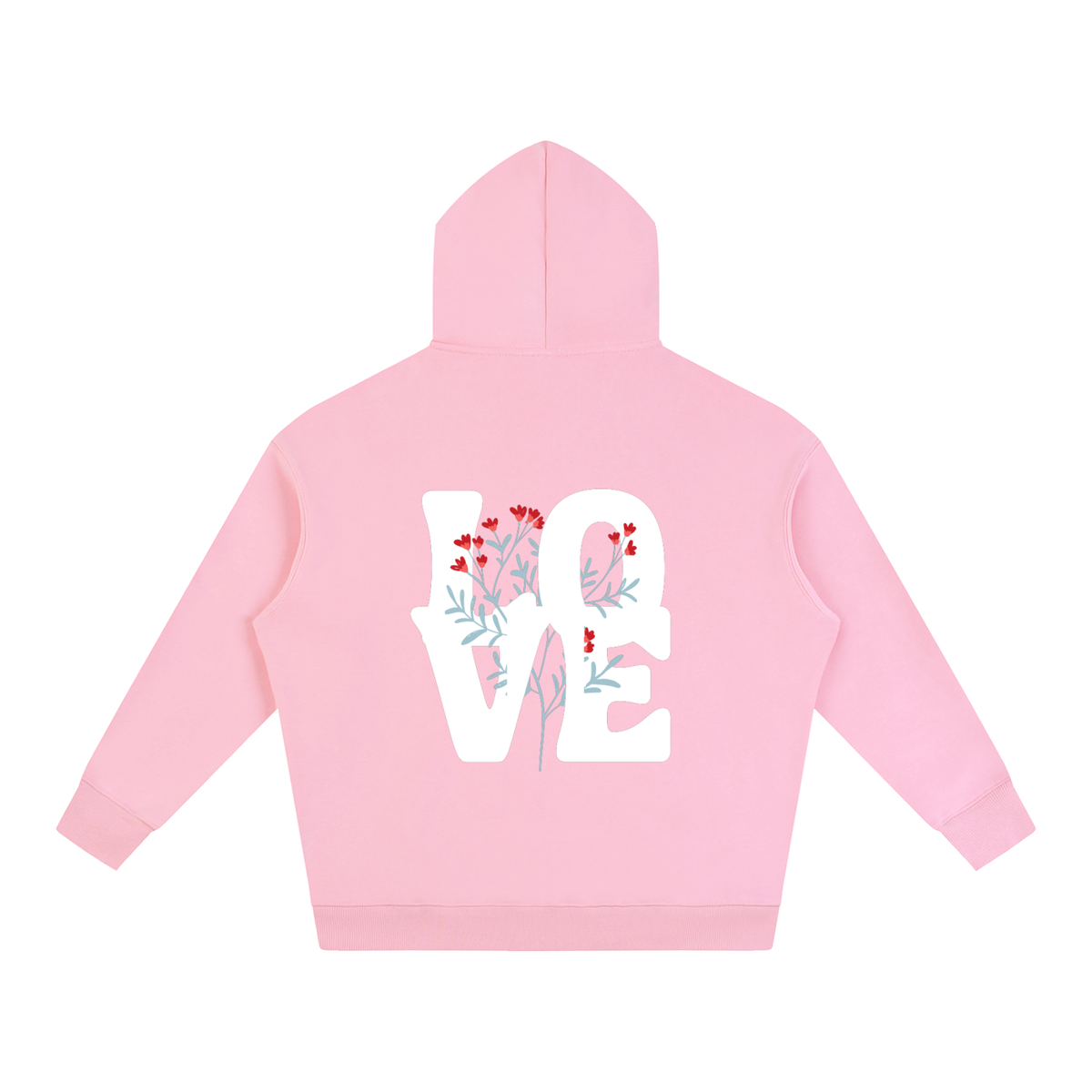 A light pink hooded sweatshirt shown from the back, featuring a large white 'LOVE' graphic with red and blue floral details integrated into the letters.
Soft pink hoodie featuring a large white LOVE graphic intertwined with delicate floral illustrations across the back, representing growing love and meaningful relationships.