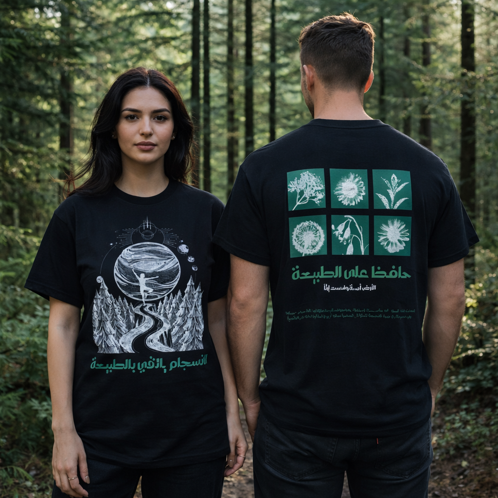 Two models in a forest setting wearing black graphic t-shirts. The model on the left shows the front of the shirt with a white and green nature-themed graphic.
قميص أسود عليه رسم طريق بين الأشجار نحو كوكب في السماء مع عبارة الانسجام بالذات في الطبيعة، وخلفية نباتات وزهور مع عبارة حافظ على الطبيعة، تصميم ShowYourNature عن حماية البيئة والانسجام مع الأرض.