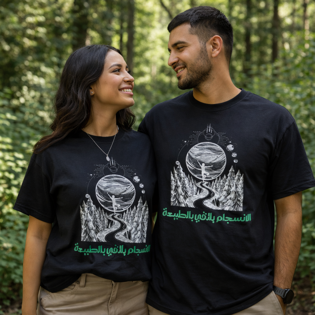 A man and a woman standing in a forest wearing matching black graphic t-shirts with a white illustration and green Arabic text.
قميص أسود عليه رسم طريق بين الأشجار نحو كوكب في السماء مع عبارة الانسجام بالذات في الطبيعة، وخلفية نباتات وزهور مع عبارة حافظ على الطبيعة، تصميم ShowYourNature عن حماية البيئة والانسجام مع الأرض.