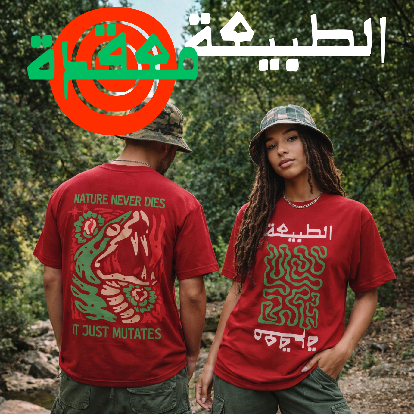 Two people wearing black t-shirts with music-themed designs at a concert.
Nature is Complicated Red t-shirt front Arabic Nature text with green abstract pattern, back serpent illustration Nature Never Dies It Just Mutates text, ShowYourNature collection, evolution-inspired streetwear.
“Nature never dies — it just mutates.”

“ShowYourNature, show your evolution.”

“Chaos creates life.”

“Adapt. Survive. Transform.”
