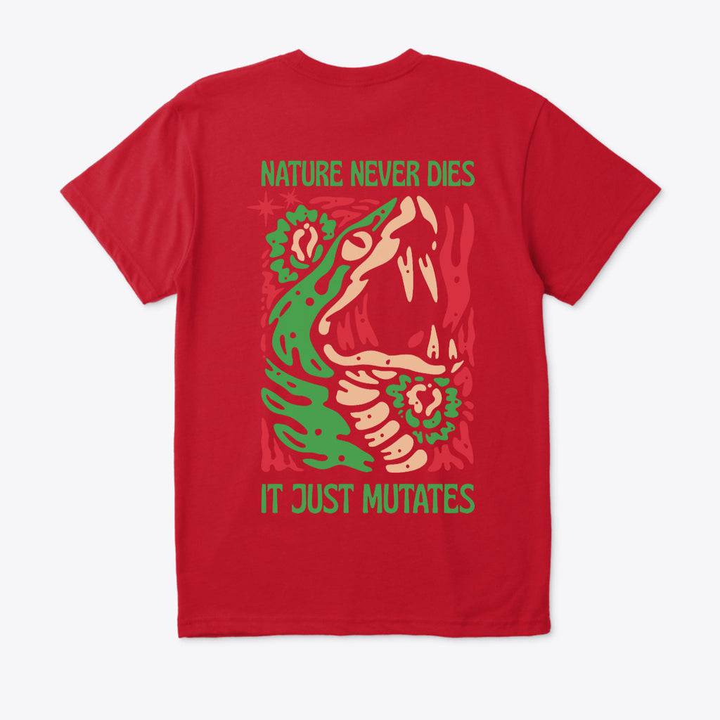 Red t-shirt with a graphic design and text on the back against a white background