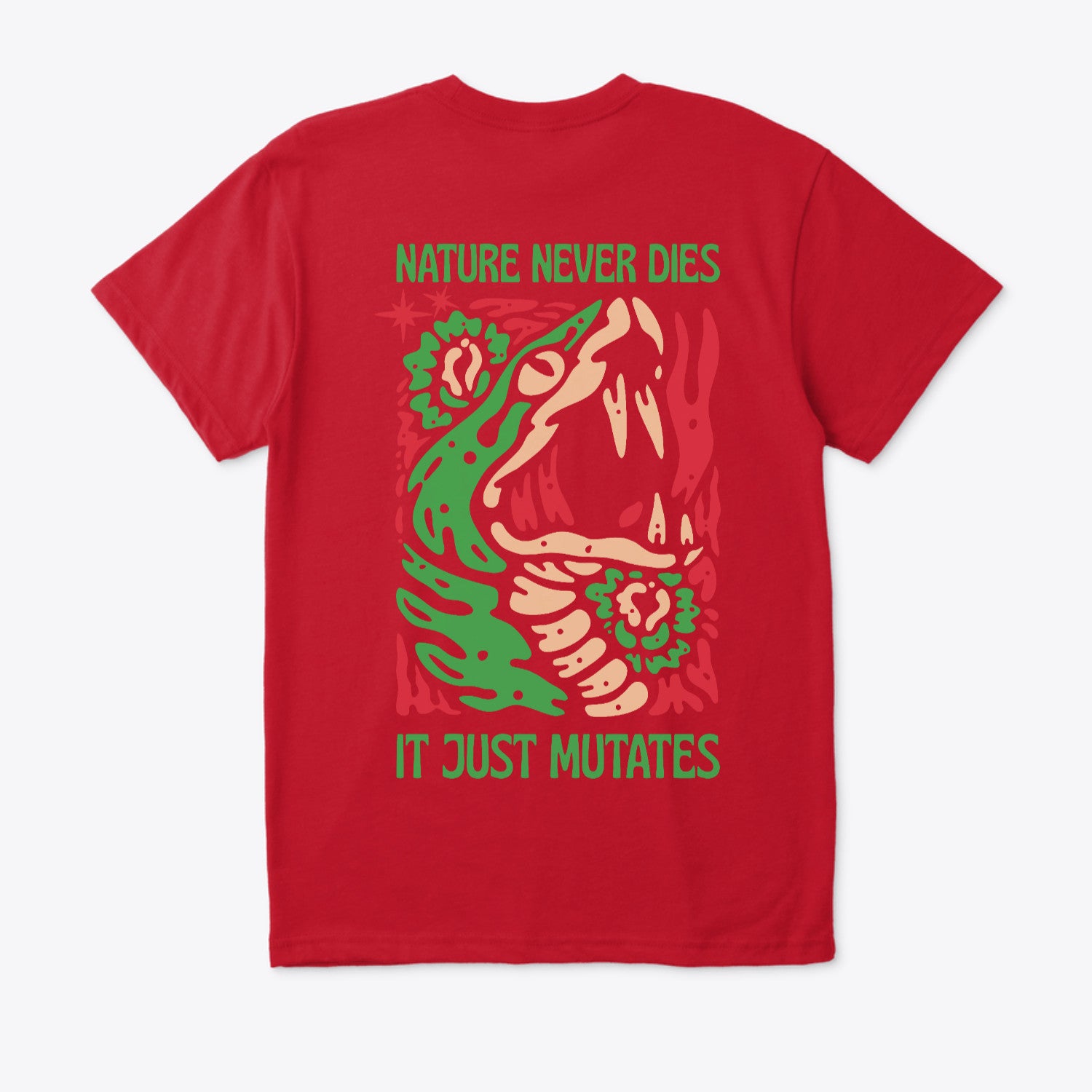 Red t-shirt with a graphic design and text on the back against a white background