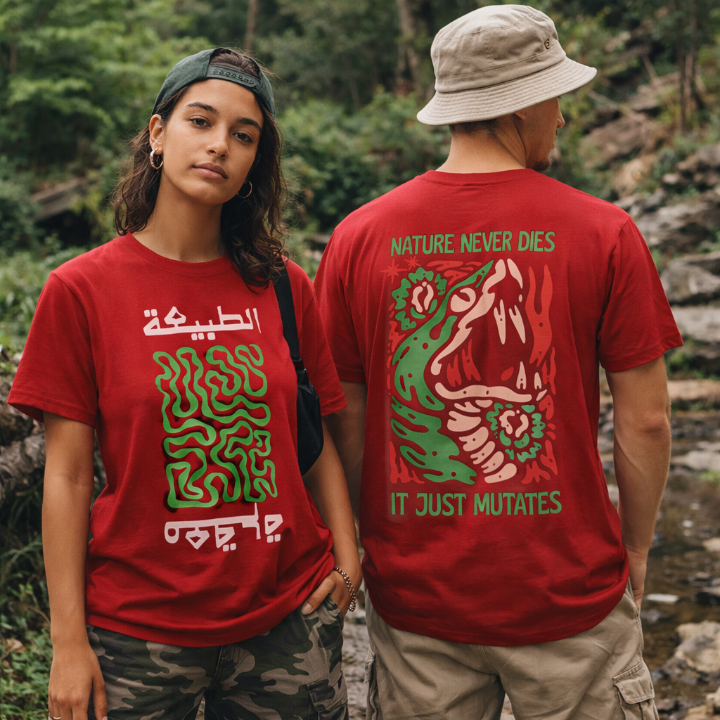 Two people wearing red t-shirts with green and white designs in a forest setting.
Nature is Complicated Red t-shirt front Arabic Nature text with green abstract pattern, back serpent illustration Nature Never Dies It Just Mutates text, ShowYourNature collection, evolution-inspired streetwear.
“Nature never dies — it just mutates.”

“ShowYourNature, show your evolution.”

“Chaos creates life.”

“Adapt. Survive. Transform.”