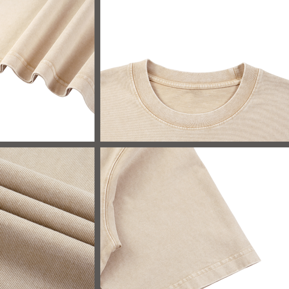 A beige short-sleeve crewneck t-shirt shown in a four-panel detail collage highlighting the soft fabric texture, folded hem, ribbed collar, and sleeve seam on a white background.