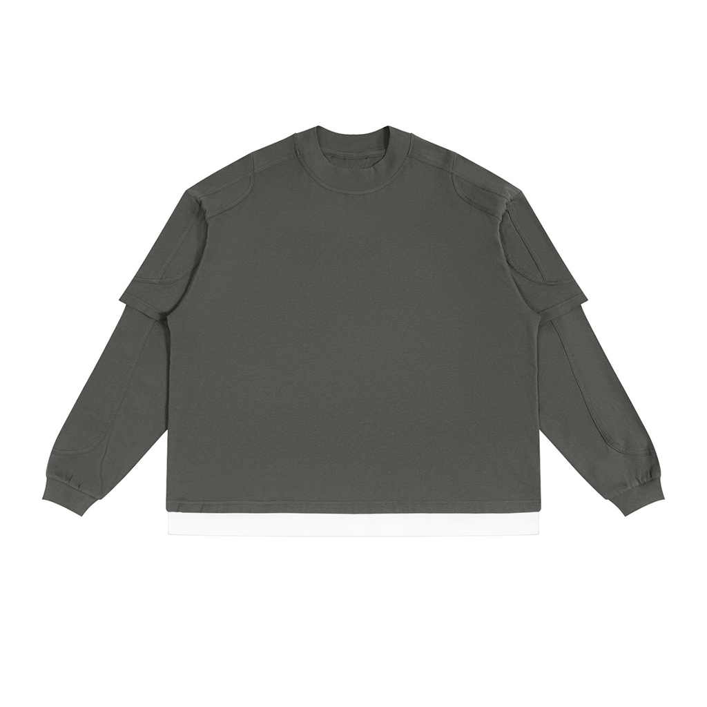 A dark gray long-sleeve crewneck shirt with layered shoulder details and a white hem, displayed flat against a white background.