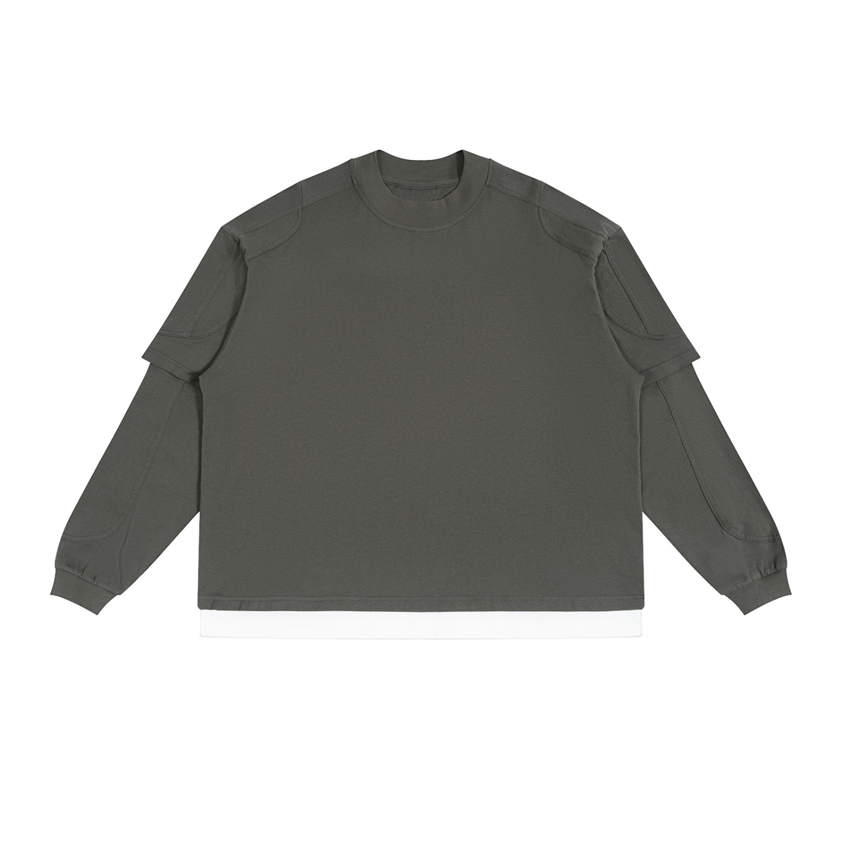 A dark gray long-sleeve crewneck shirt with layered shoulder details and a white hem, displayed flat against a white background.
