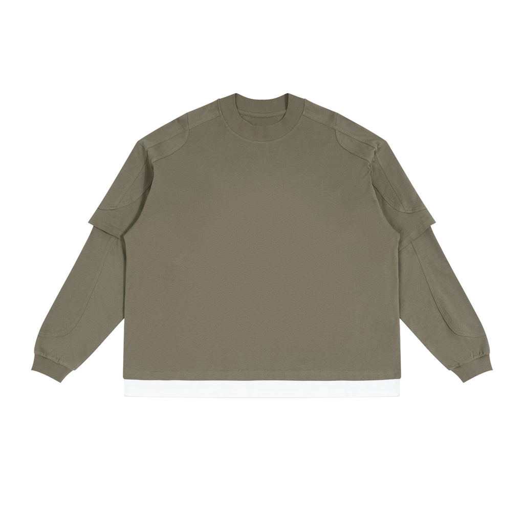 An olive green long-sleeve crewneck sweatshirt with layered shoulder detailing, laid flat against a solid white background.