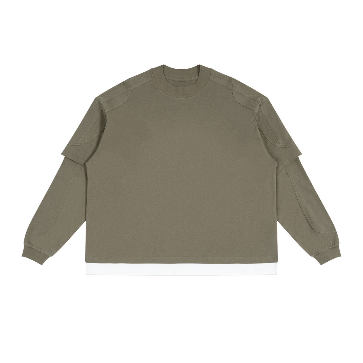 An olive green long-sleeve crewneck sweatshirt with layered shoulder detailing, laid flat against a solid white background.