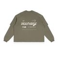 An olive green long-sleeve crop top with a white graphic print on the back, displayed flat against a solid white background.