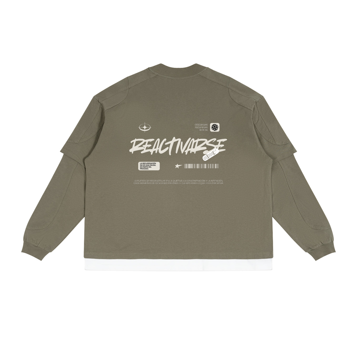 An olive green long-sleeve crop top with a white graphic print on the back, displayed flat against a solid white background.