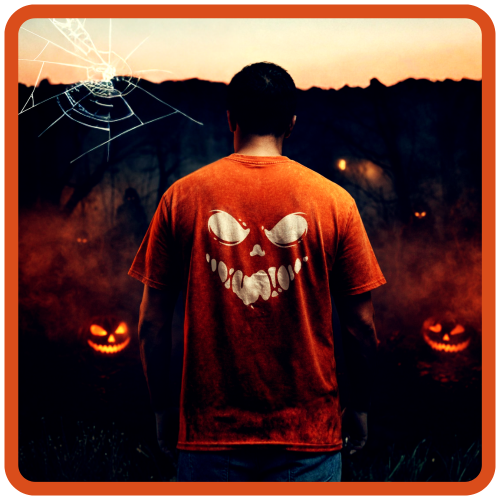 A man viewed from behind wearing a distressed orange t-shirt with a large white skull graphic on the back, standing in a spooky outdoor setting at dusk with jack-o'-lanterns and a cracked spiderweb overlay.