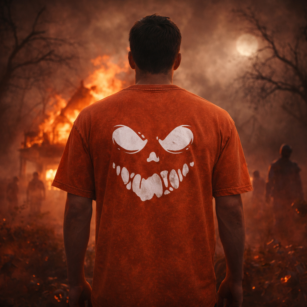 Person wearing an orange t-shirt with a white face design, standing in a smoky, fiery background.