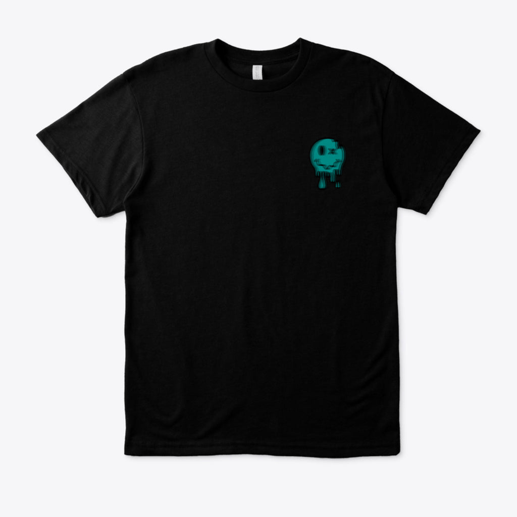 A black short-sleeve crewneck t-shirt featuring a small teal cartoon character graphic on the left chest, displayed against a light gray background.