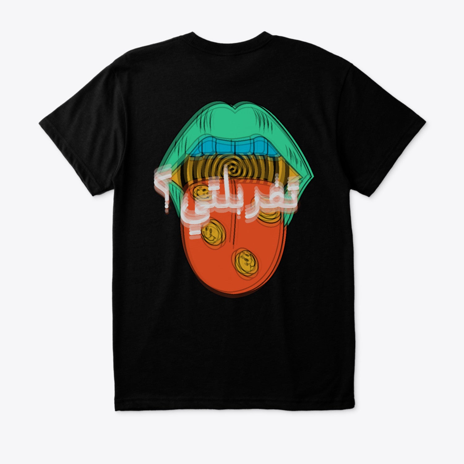 A black short-sleeve t-shirt with a large graphic print on the front showing a stylized green and orange tongue with gold coins and white Arabic text, displayed against a light gray background.