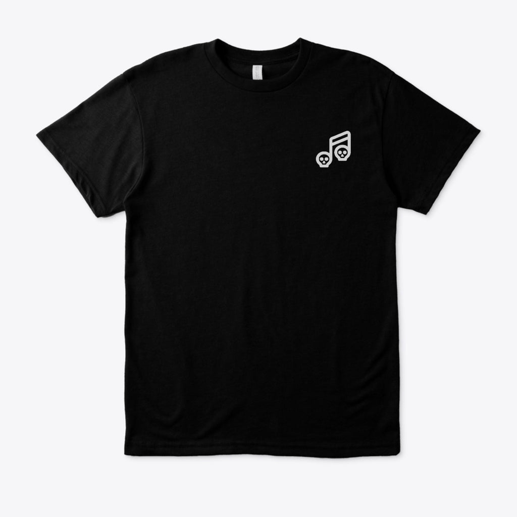 Black t-shirt with a white graphic on a white background