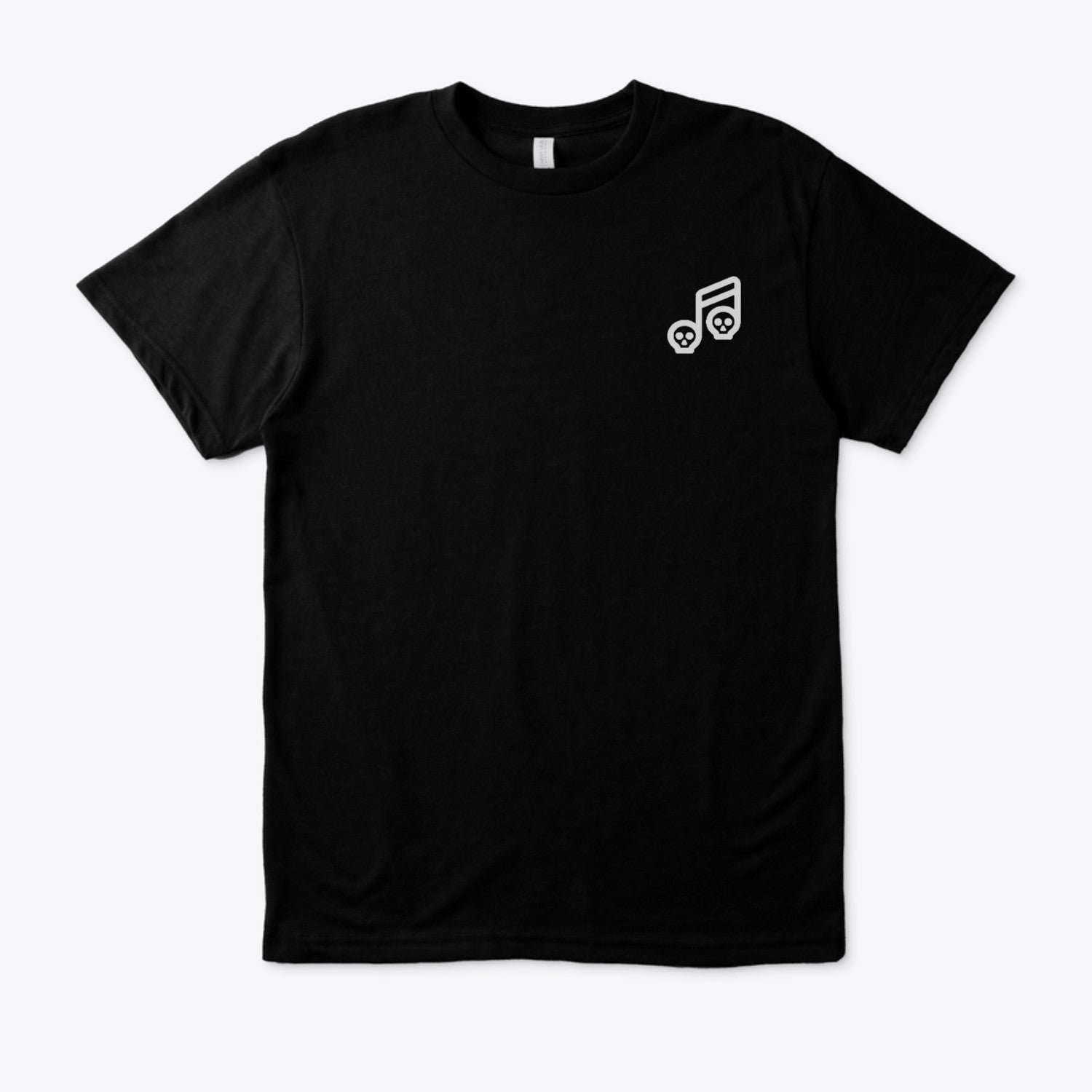 Black t-shirt with a white graphic on a white background