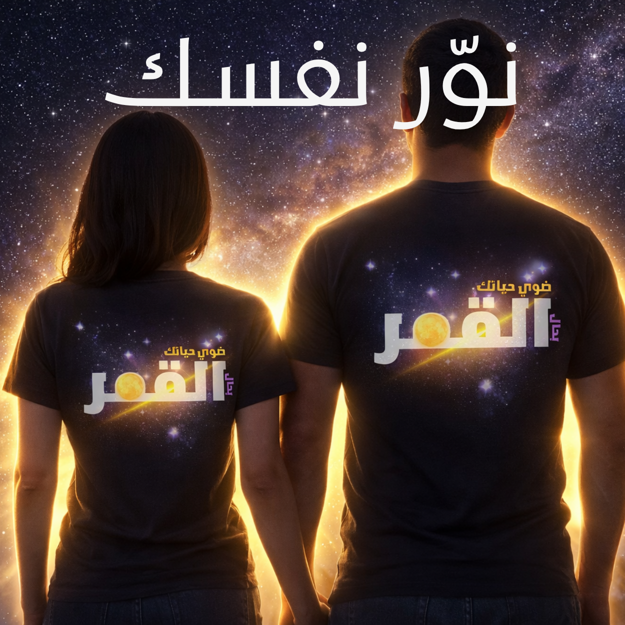 Two people standing with their backs to the camera wearing matching black t-shirts with a galaxy print and Arabic text, set against a starry cosmic background with the text 'حبب النسوف' at the top.
قميص أسود عليه عبارة ضوي حياتك القمر بتصميم كوني مضيء، مجموعة ShowYourWisdom، تصميم فلسفي عن التنوير الذاتي والوعي الداخلي.
"كن القمر في ليلك."

"ShowYourWisdom، نوّر نفسك."

"الوعي هو النور الحقيقي."

"ضوي حياتك من الداخل."