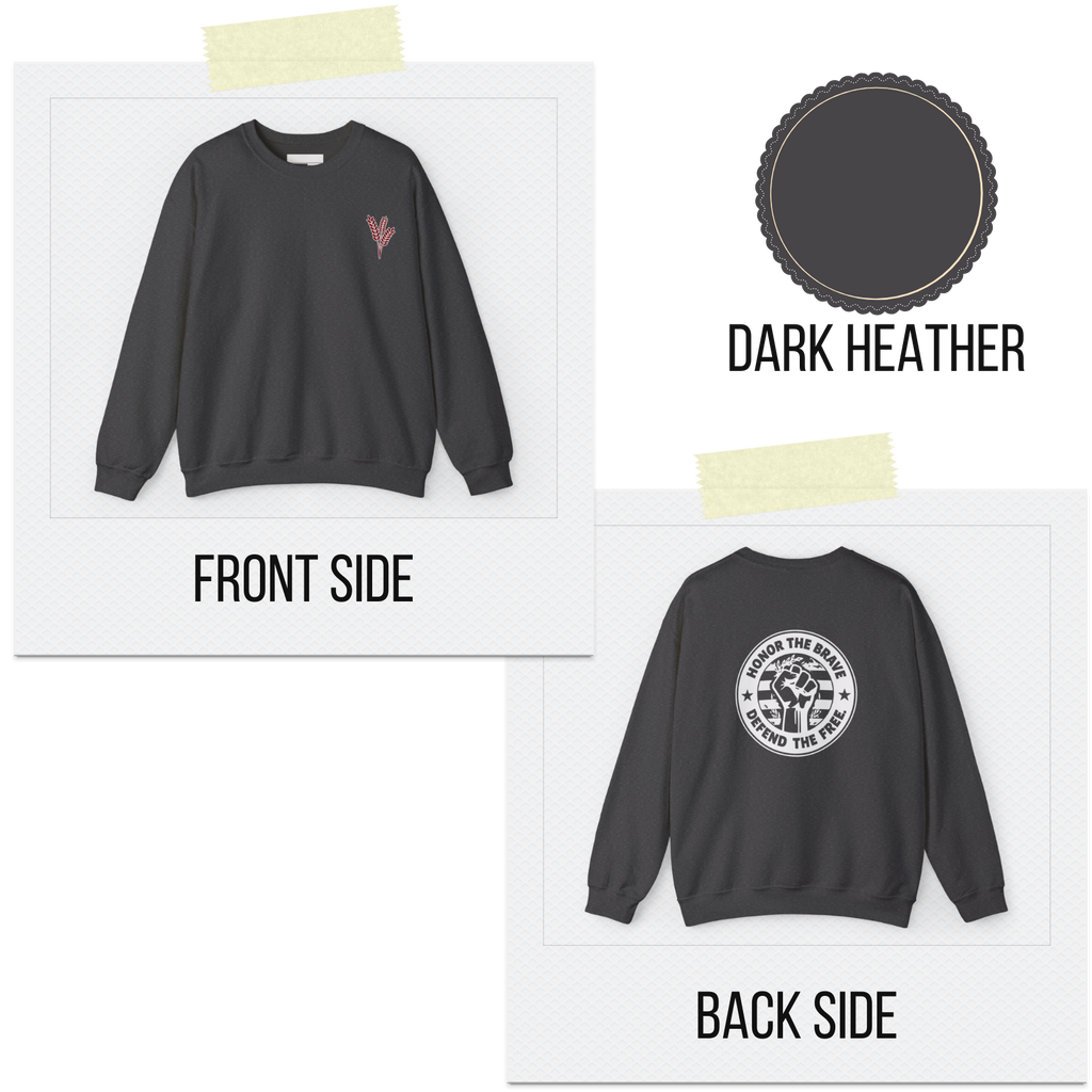 Dark Heather sweatshirt with front and back designs on a white background