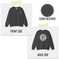 Dark Heather sweatshirt with front and back designs on a white background