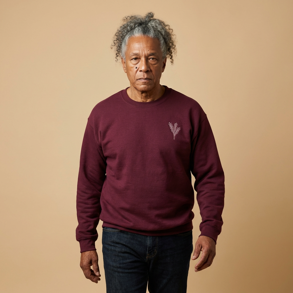 Man wearing a maroon sweatshirt with a logo on a beige background