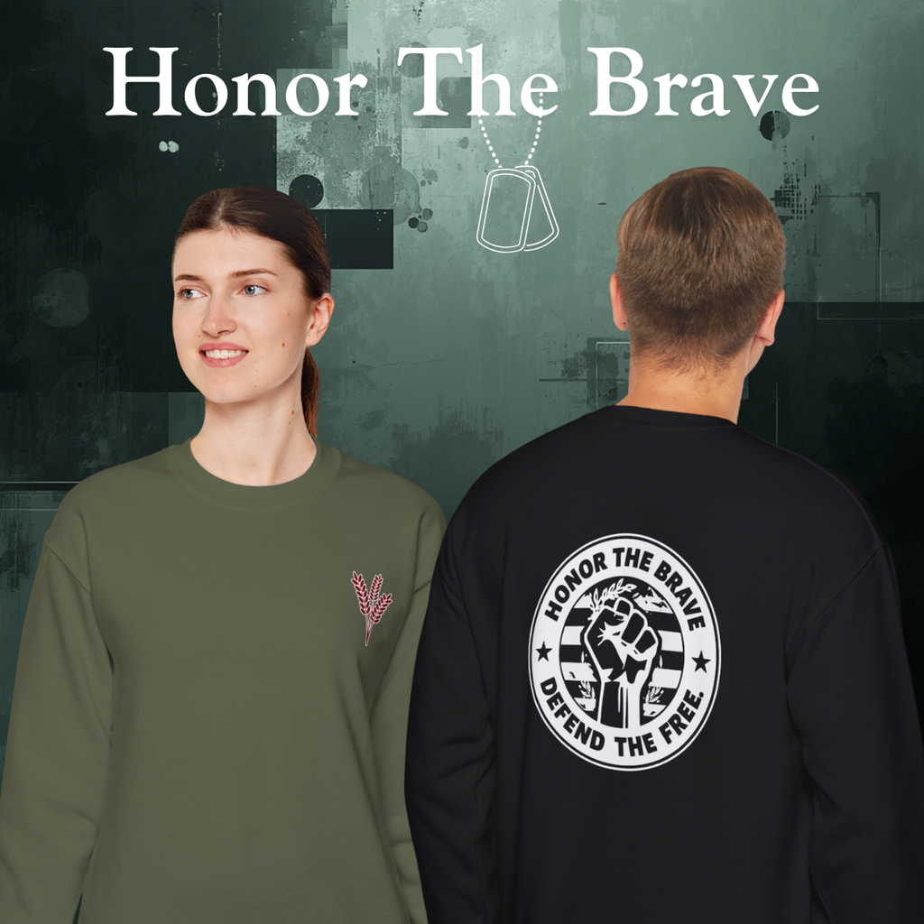 Two people wearing sweatshirts with 'Honor The Brave' designs on a dark background.