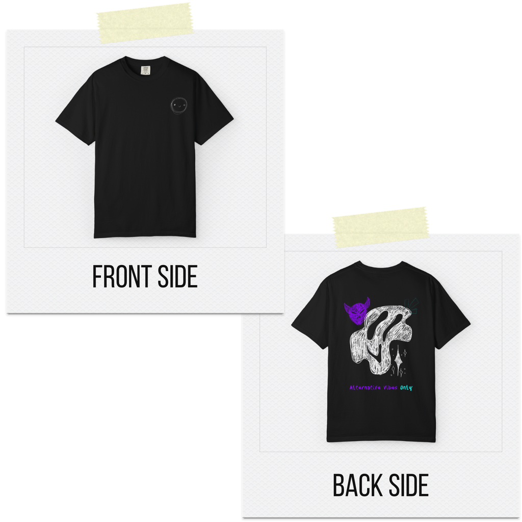 Black t-shirt with front and back designs displayed on a white background.
White t-shirt front smiling face circle graphic, back abstract black design purple animal outline Alternative Vibes Only text, ShowYourVibes collection, artistic streetwear, bold identity fashion, creative urban apparel.
“Alternative vibes, authentic style.”

“ShowYourVibes, show your identity.”

“Minimal front, bold back.”

“Streetwear with artistic chaos.”
Graphic T-Shirt — 'Alternative Vibes Only' Sketc