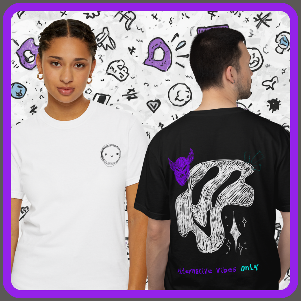 Two people wearing t-shirts with a design and text 'Alternative Vibes Only' on a patterned background.
White t-shirt front smiling face circle graphic, back abstract black design purple animal outline Alternative Vibes Only text, ShowYourVibes collection, artistic streetwear, bold identity fashion, creative urban apparel.
“Alternative vibes, authentic style.”

“ShowYourVibes, show your identity.”

“Minimal front, bold back.”

“Streetwear with artistic chaos.”
Graphic T-Shirt — 'Alternative Vibes Only' 