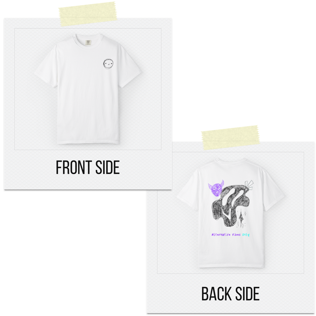 White t-shirt with front and back designs displayed side by side.
White t-shirt front smiling face circle graphic, back abstract black design purple animal outline Alternative Vibes Only text, ShowYourVibes collection, artistic streetwear, bold identity fashion, creative urban apparel.
“Alternative vibes, authentic style.”

“ShowYourVibes, show your identity.”

“Minimal front, bold back.”

“Streetwear with artistic chaos.”
Graphic T-Shirt — 'Alternative Vibes Only' Sketc