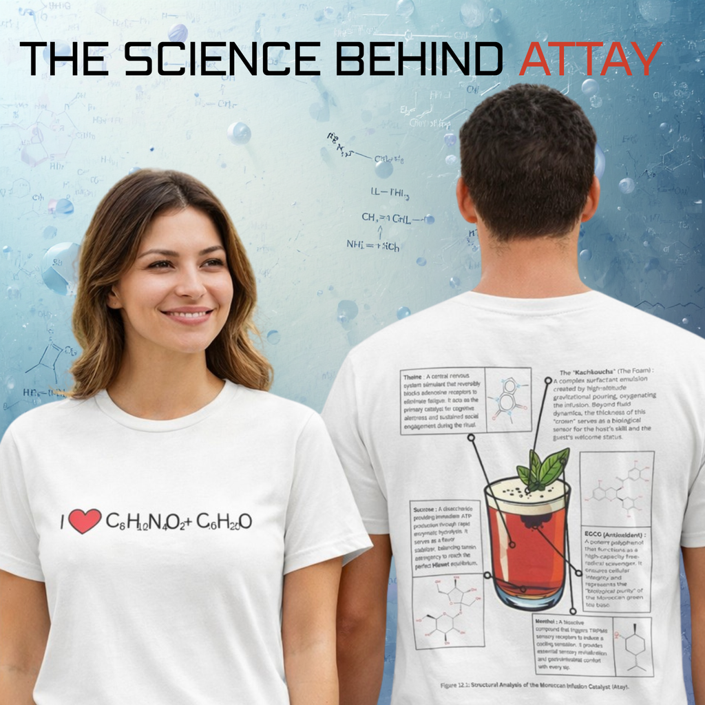 Two people wearing white t-shirts with scientific-themed designs against a blue background with molecular structures.