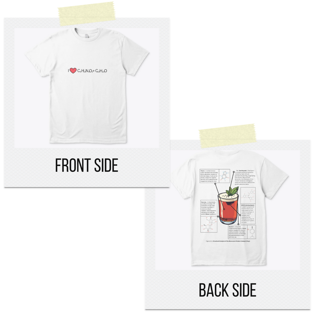 White t-shirt back Moroccan tea scientific diagram, The Science Behind Attay design, ShowYourCulture collection, Moroccan heritage fashion, humorous streetwear, cultural identity apparel.
“Atay, culture in a glass.”

“ShowYourCulture, show your science.”

“Tradition meets chemistry.”

“The formula of Moroccan soul.”