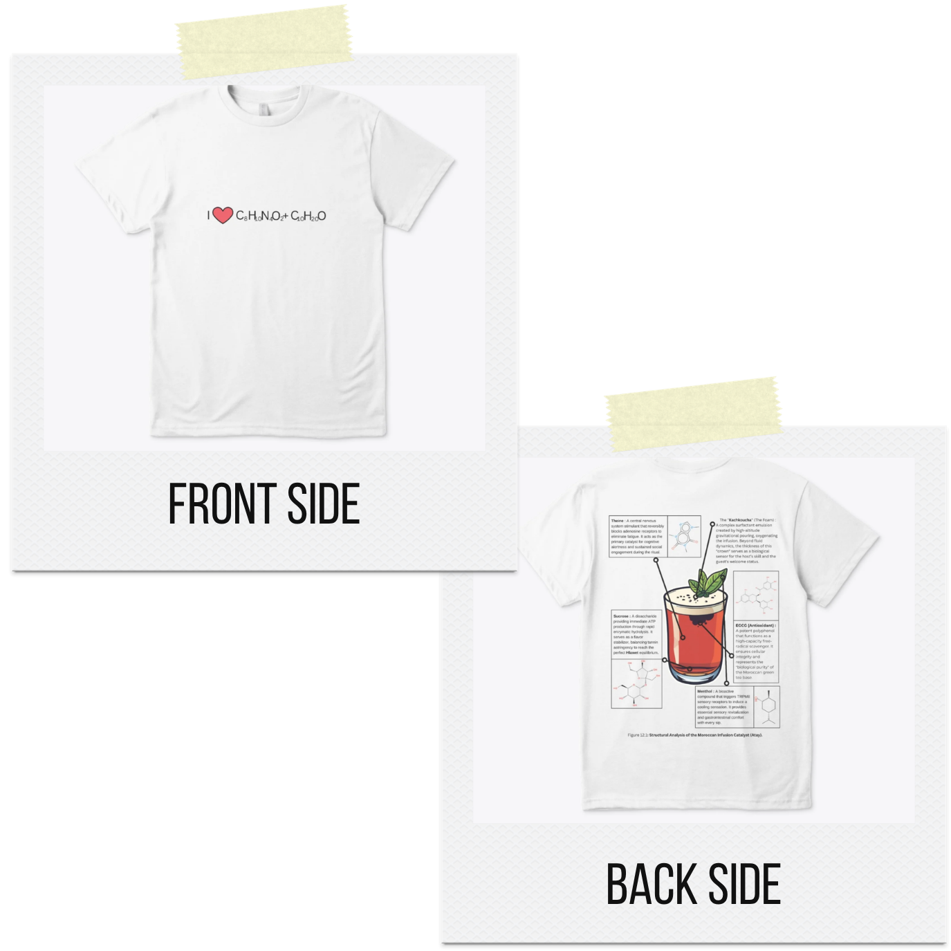 White t-shirt back Moroccan tea scientific diagram, The Science Behind Attay design, ShowYourCulture collection, Moroccan heritage fashion, humorous streetwear, cultural identity apparel.
“Atay, culture in a glass.”

“ShowYourCulture, show your science.”

“Tradition meets chemistry.”

“The formula of Moroccan soul.”